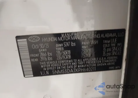 2023 Hyundai Santa Fe Sel z USA, uszkodzony, nr VIN 5NMS3DAJXPH640211